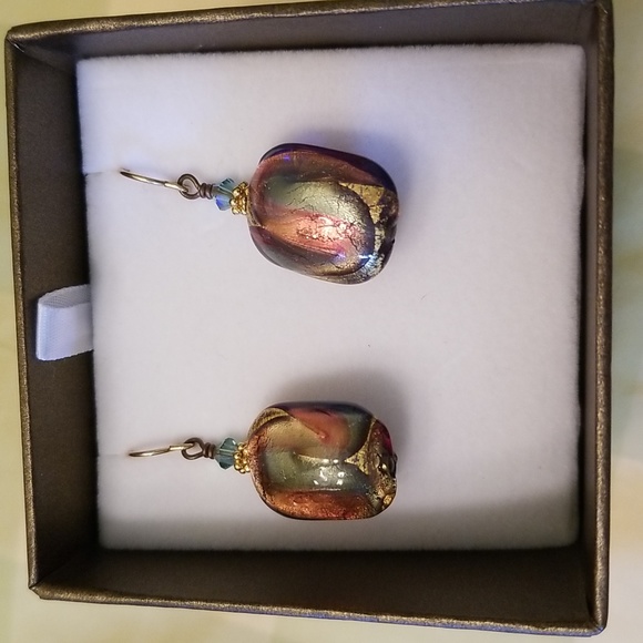 Vintage Dichroic Glass and Crystal Bead Drop Earrings - Picture 2 of 5